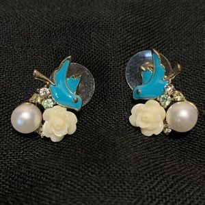 Betsey Johnson Blue Bird Cream Rose Pearl Earrings